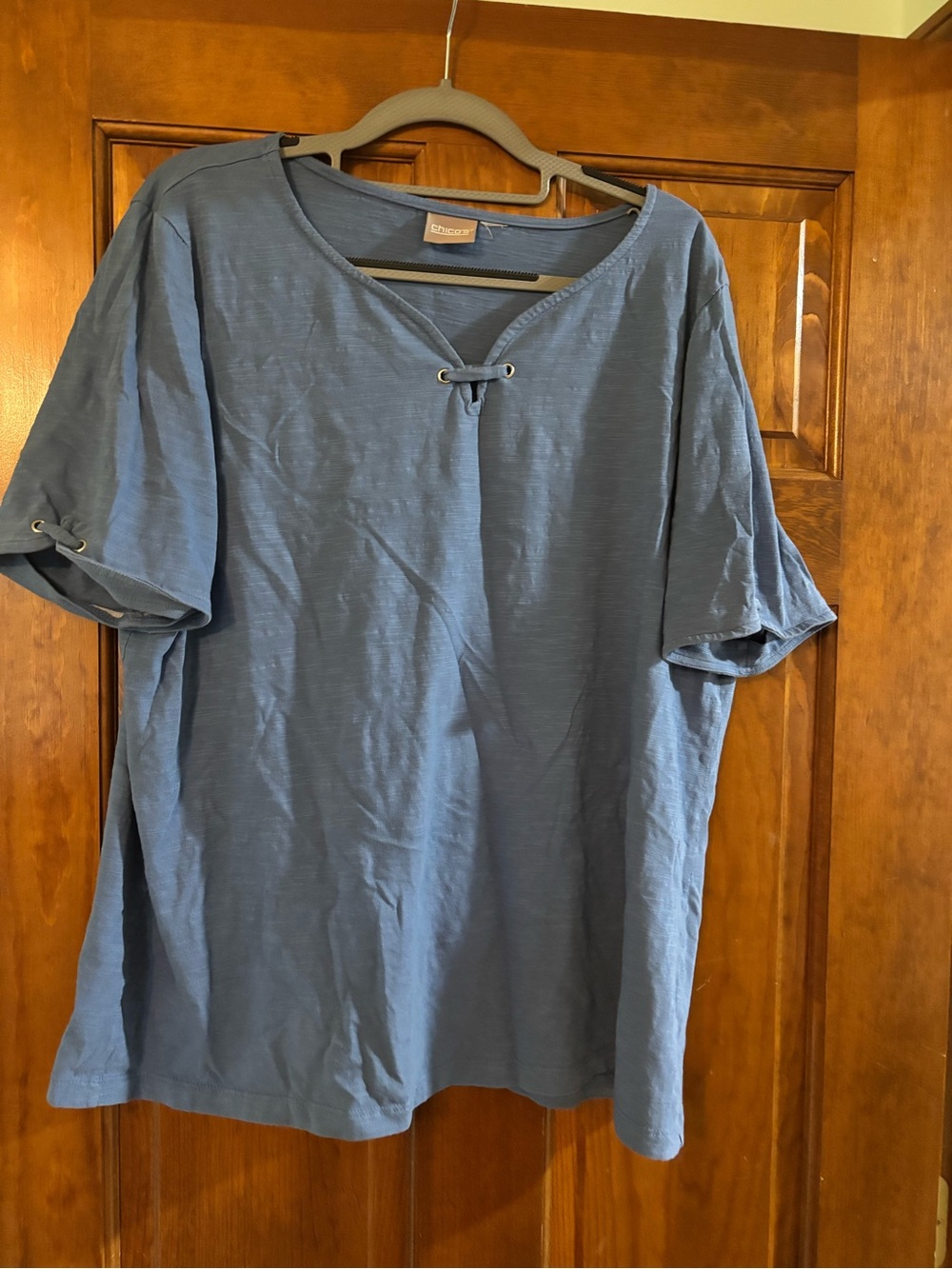 Chico's Blue Short-Sleeve Lace-Up V-Neck Blouse